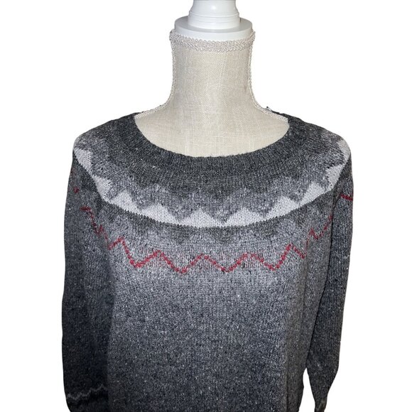 Bass Gray Knit Sweater Dress Red & White Patterned Yoke Long Sleeves Knee-Length - Picture 3 of 9